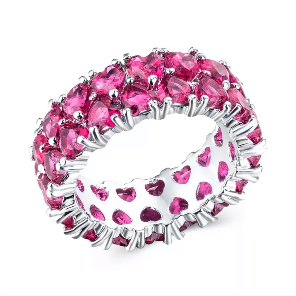 New Luxury 925 Silver Beautiful Hearts Pink Sapphire Eternity Band Ring - Picture 2 of 2